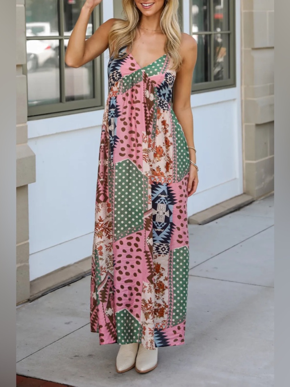 Millibon Pink & Green Patchwork Spaghetti-Strap Maxi Dress